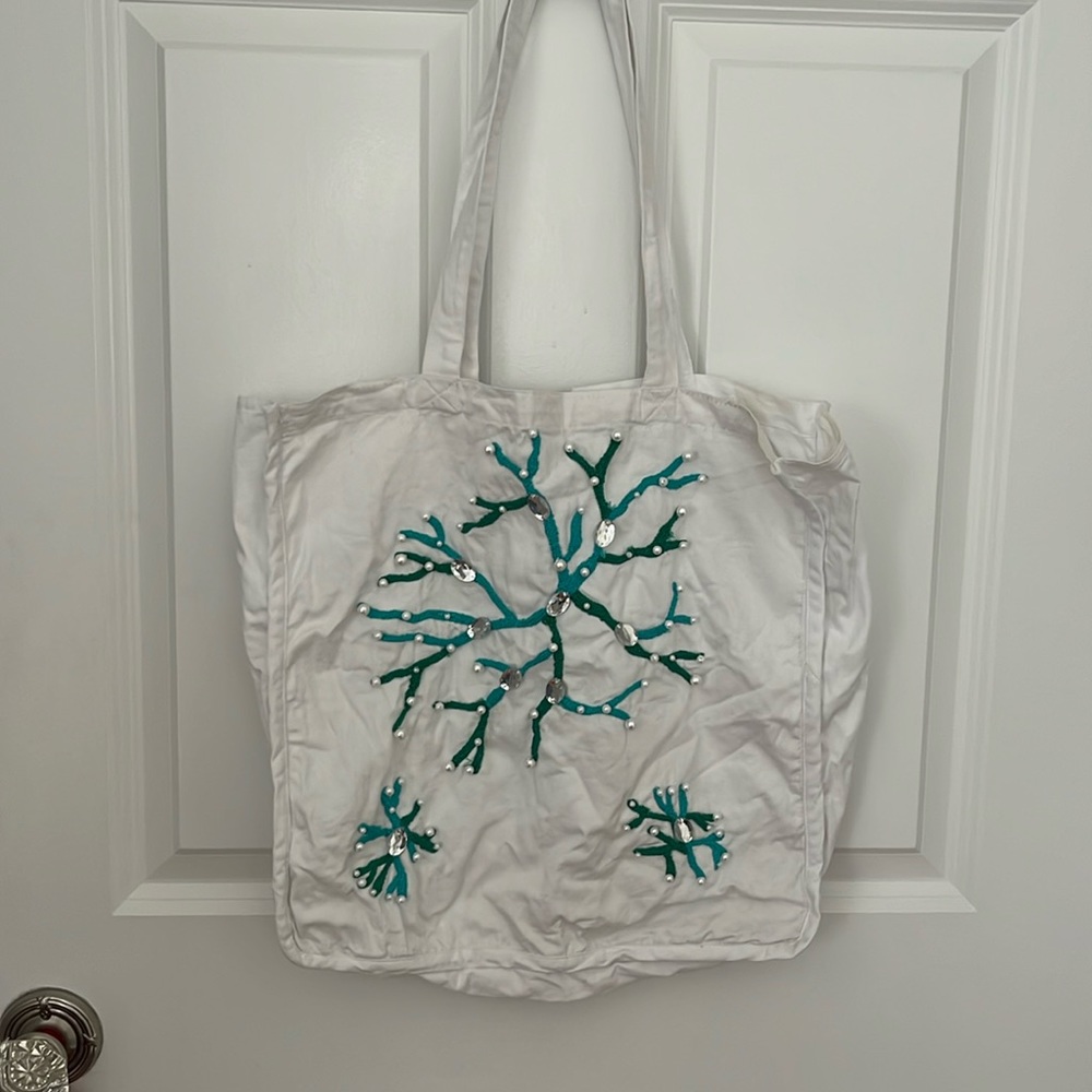 Luisa white cotton hand beaded tote.  Made in Italy.